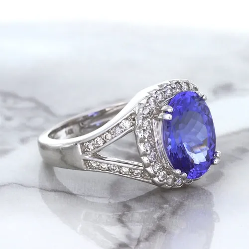 3.37ct Oval Tanzanite Ring with Diamond Halo in 14K White Gold