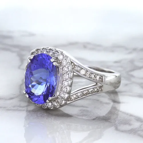 3.37ct Oval Tanzanite Ring with Diamond Halo in 14K White Gold