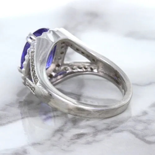 3.37ct Oval Tanzanite Ring with Diamond Halo in 14K White Gold