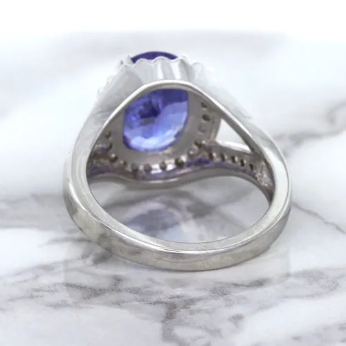 3.37ct Oval Tanzanite Ring with Diamond Halo in 14K White Gold