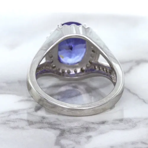 3.37ct Oval Tanzanite Ring with Diamond Halo in 14K White Gold