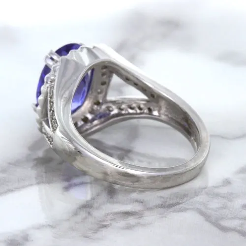 3.37ct Oval Tanzanite Ring with Diamond Halo in 14K White Gold