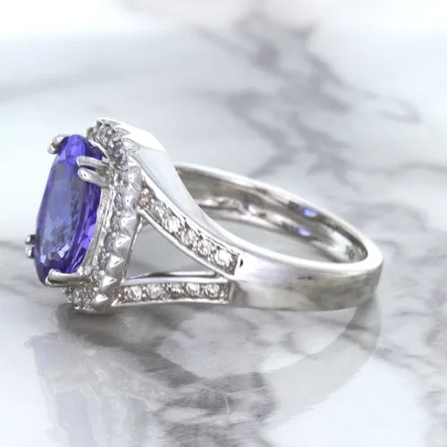 3.37ct Oval Tanzanite Ring with Diamond Halo in 14K White Gold