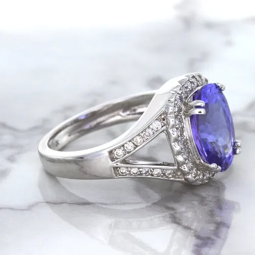 3.37ct Oval Tanzanite Ring with Diamond Halo in 14K White Gold
