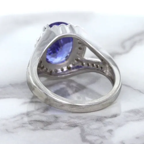 3.37ct Oval Tanzanite Ring with Diamond Halo in 14K White Gold