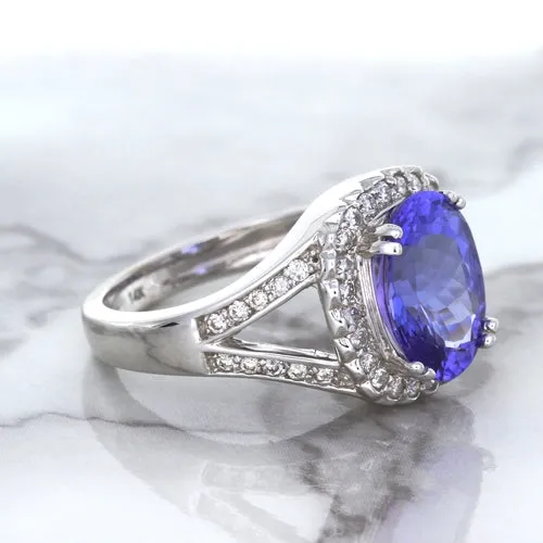 3.37ct Oval Tanzanite Ring with Diamond Halo in 14K White Gold