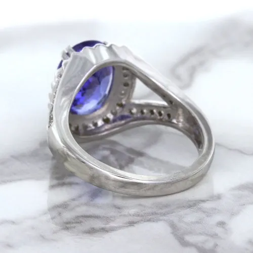 3.37ct Oval Tanzanite Ring with Diamond Halo in 14K White Gold