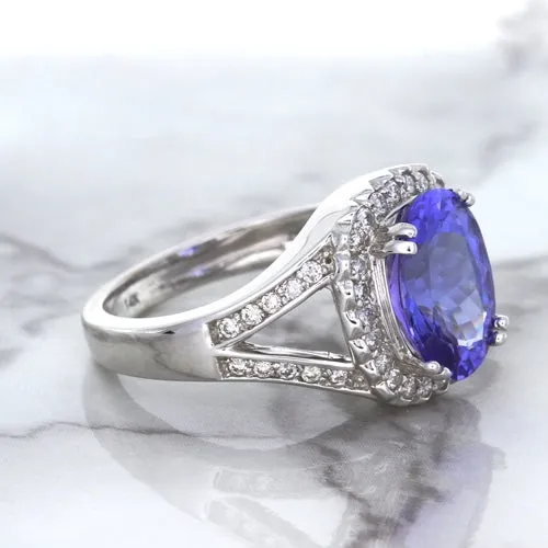 3.37ct Oval Tanzanite Ring with Diamond Halo in 14K White Gold