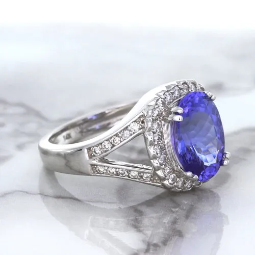 3.37ct Oval Tanzanite Ring with Diamond Halo in 14K White Gold
