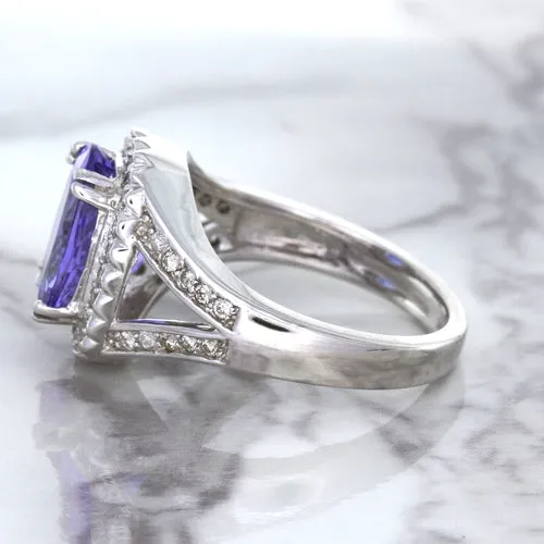 3.37ct Oval Tanzanite Ring with Diamond Halo in 14K White Gold