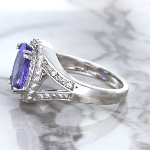 3.37ct Oval Tanzanite Ring with Diamond Halo in 14K White Gold