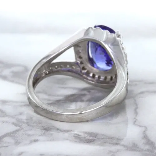 3.37ct Oval Tanzanite Ring with Diamond Halo in 14K White Gold
