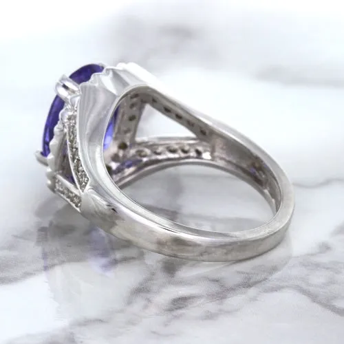 3.37ct Oval Tanzanite Ring with Diamond Halo in 14K White Gold