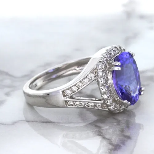 3.37ct Oval Tanzanite Ring with Diamond Halo in 14K White Gold
