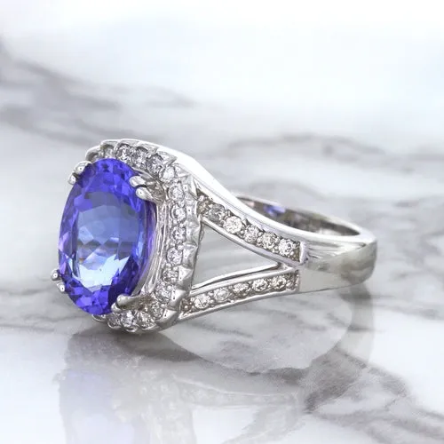 3.37ct Oval Tanzanite Ring with Diamond Halo in 14K White Gold
