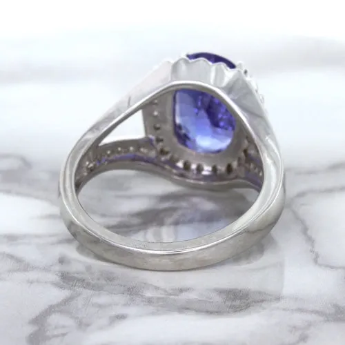 3.37ct Oval Tanzanite Ring with Diamond Halo in 14K White Gold