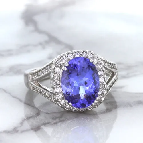 3.37ct Oval Tanzanite Ring with Diamond Halo in 14K White Gold