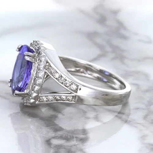 3.37ct Oval Tanzanite Ring with Diamond Halo in 14K White Gold