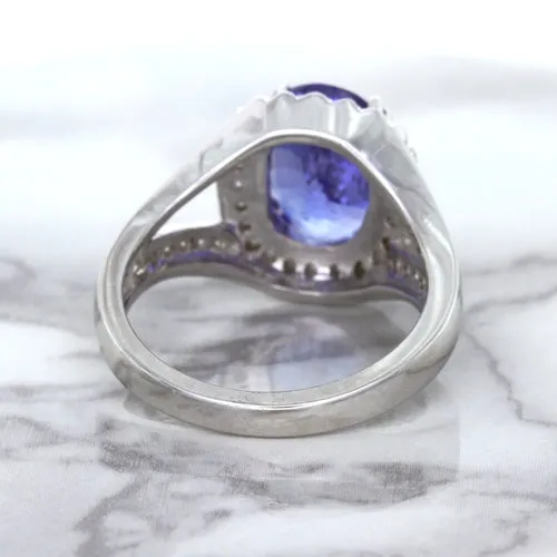 3.37ct Oval Tanzanite Ring with Diamond Halo in 14K White Gold