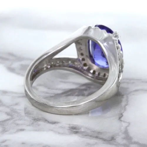 3.37ct Oval Tanzanite Ring with Diamond Halo in 14K White Gold