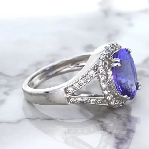 3.37ct Oval Tanzanite Ring with Diamond Halo in 14K White Gold