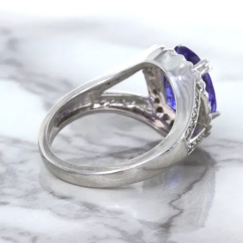 3.37ct Oval Tanzanite Ring with Diamond Halo in 14K White Gold