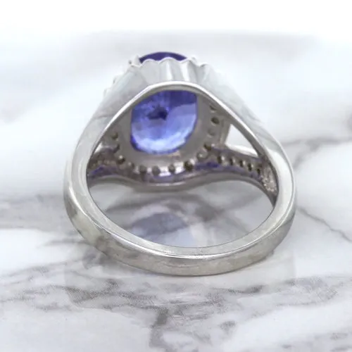 3.37ct Oval Tanzanite Ring with Diamond Halo in 14K White Gold