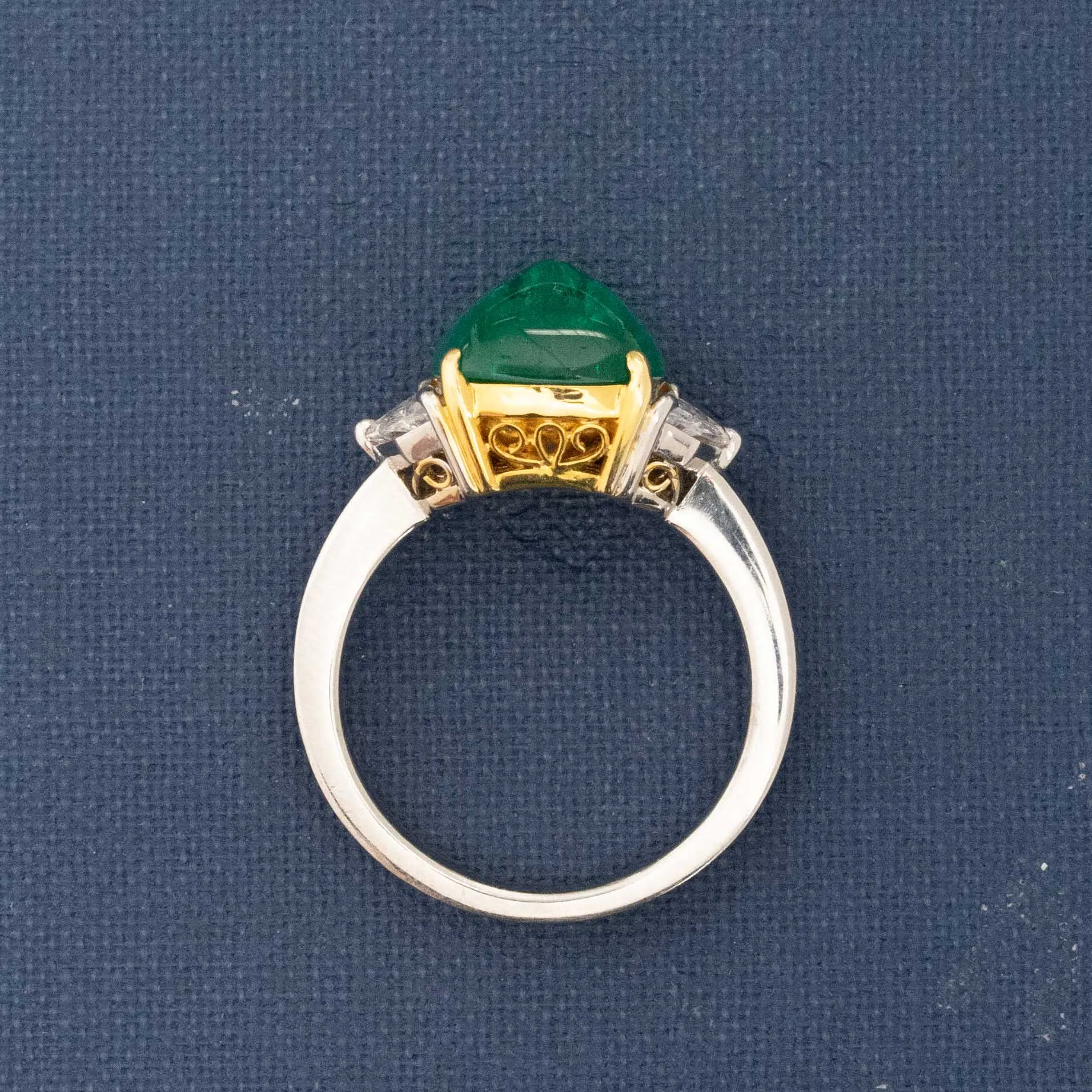 3.53ctw Vintage Colombian Sugarloaf Emerald Diamond Trilogy Ring