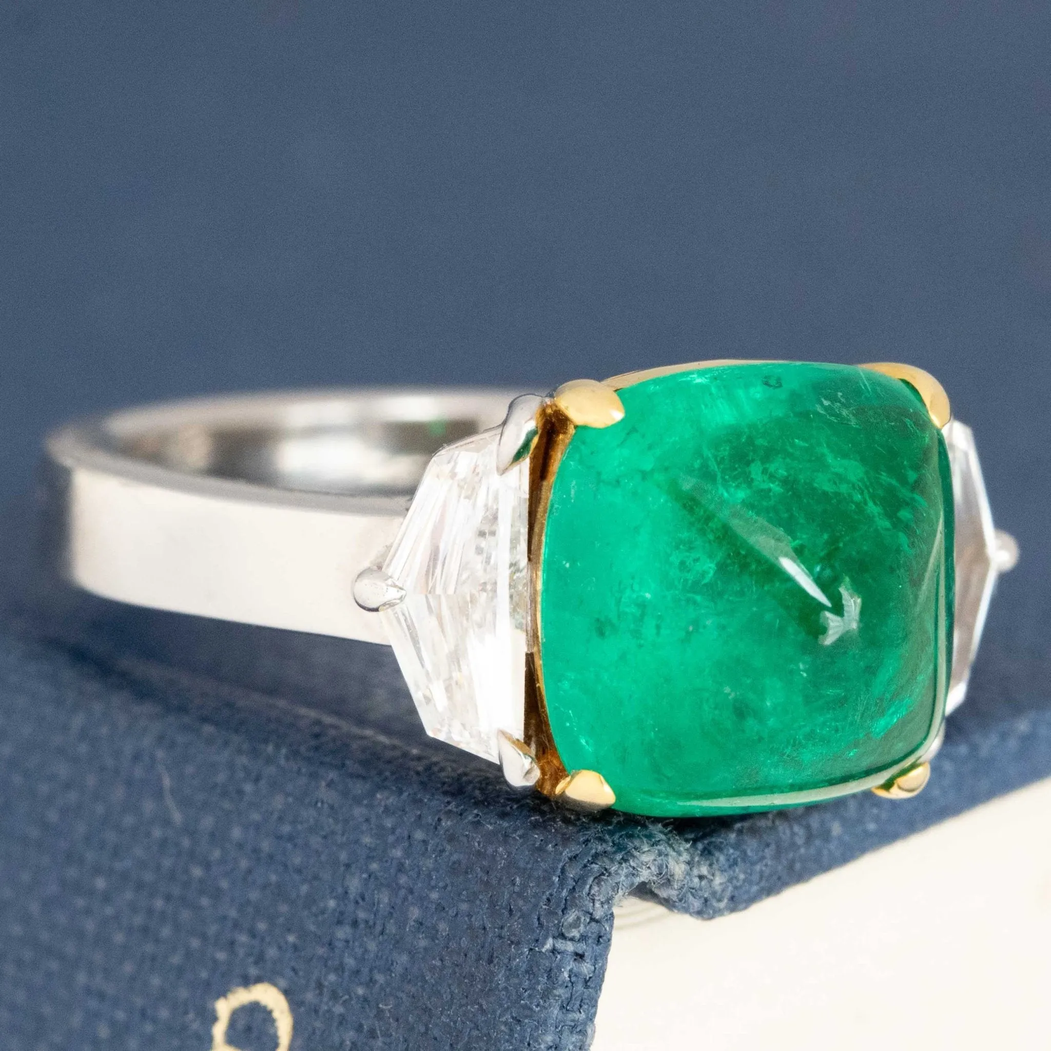 3.53ctw Vintage Colombian Sugarloaf Emerald Diamond Trilogy Ring