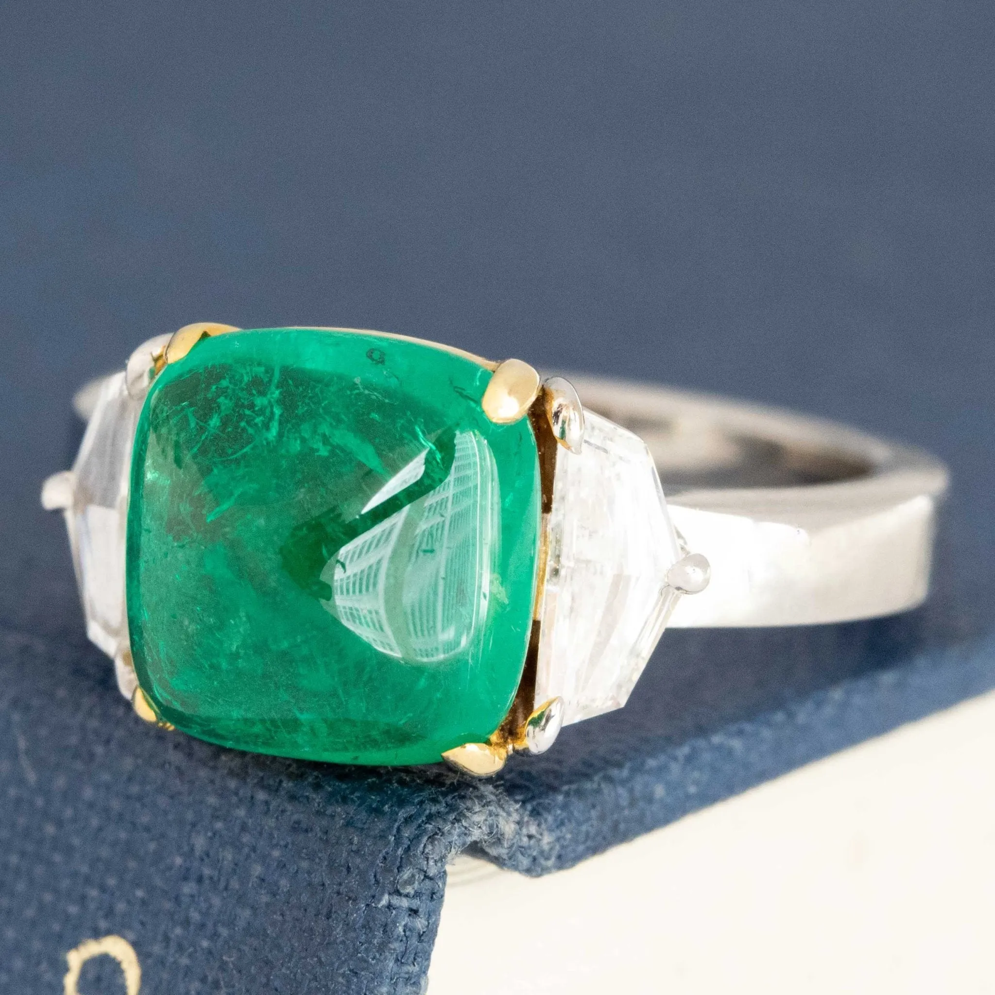 3.53ctw Vintage Colombian Sugarloaf Emerald Diamond Trilogy Ring
