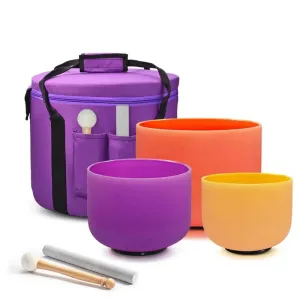 3pcs 8"E, 10"B, 12"D Colored Frosted Quartz Crystal Singing Bowl   Free 12" Purple Carrying Bag