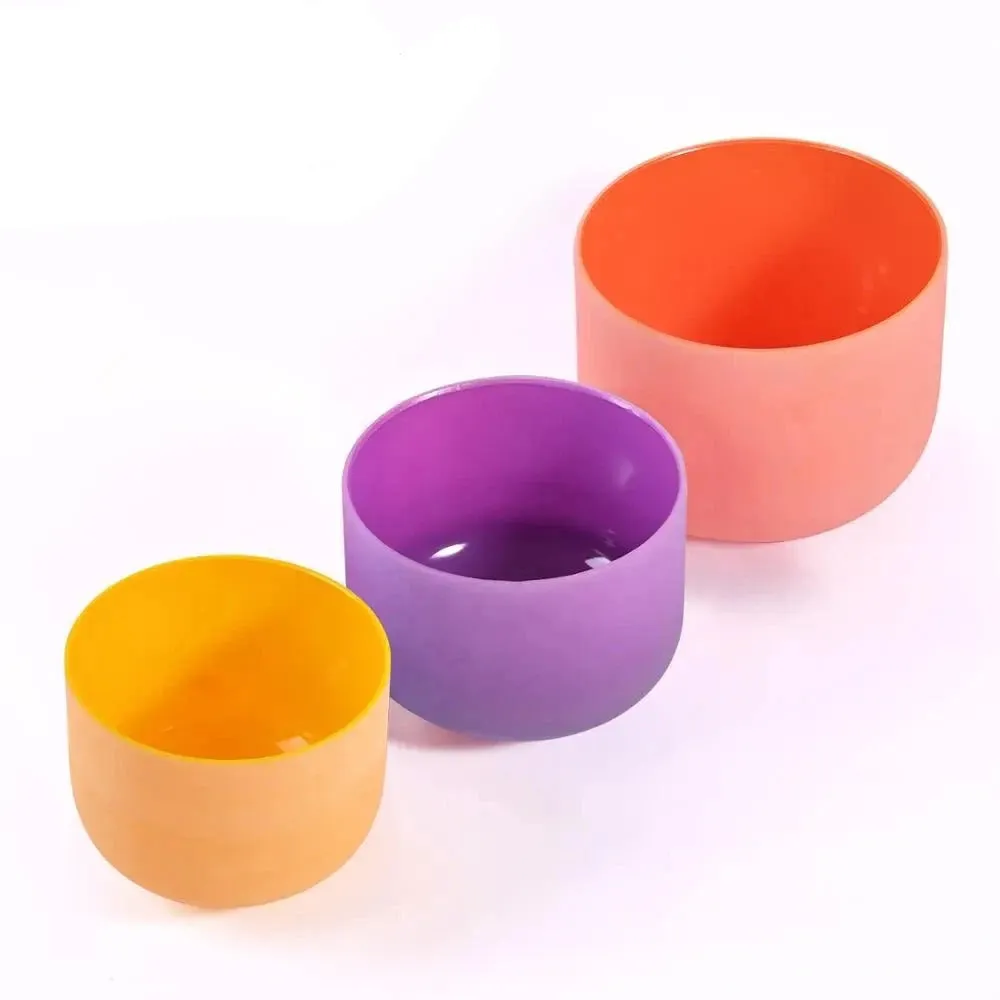 3pcs 8"E, 10"B, 12"D Colored Frosted Quartz Crystal Singing Bowl   Free 12" Purple Carrying Bag