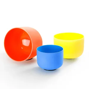 3pcs Chakra Set, 7''G, 9''E, 11''C Colored Frosted Quartz Crystal Singing Bowl   FREE Carrying Case