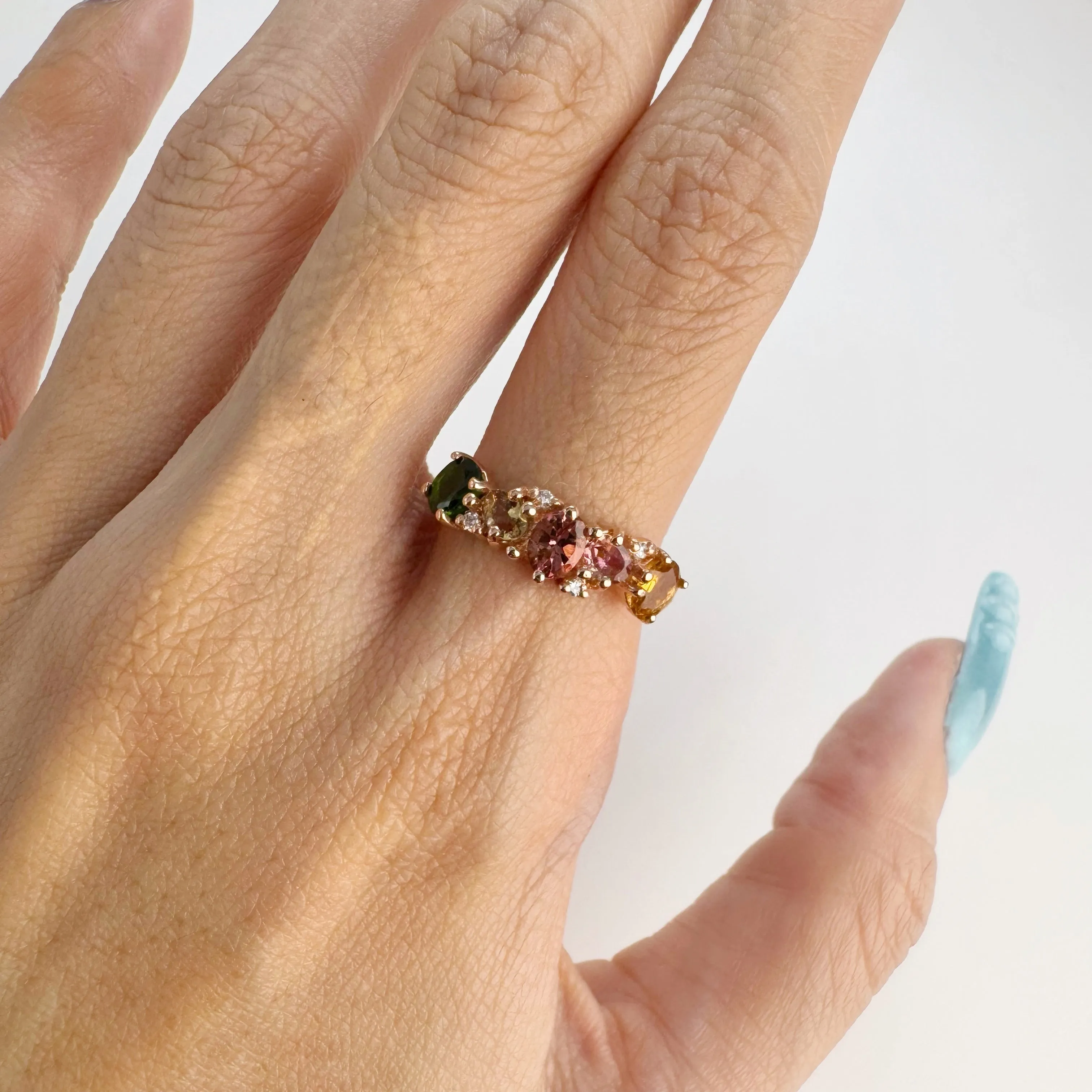 4 x 5 mm. Oval Cut Multi-coloured Brazilian Tourmaline with Cz Accents Cluster Ring (Blemished)