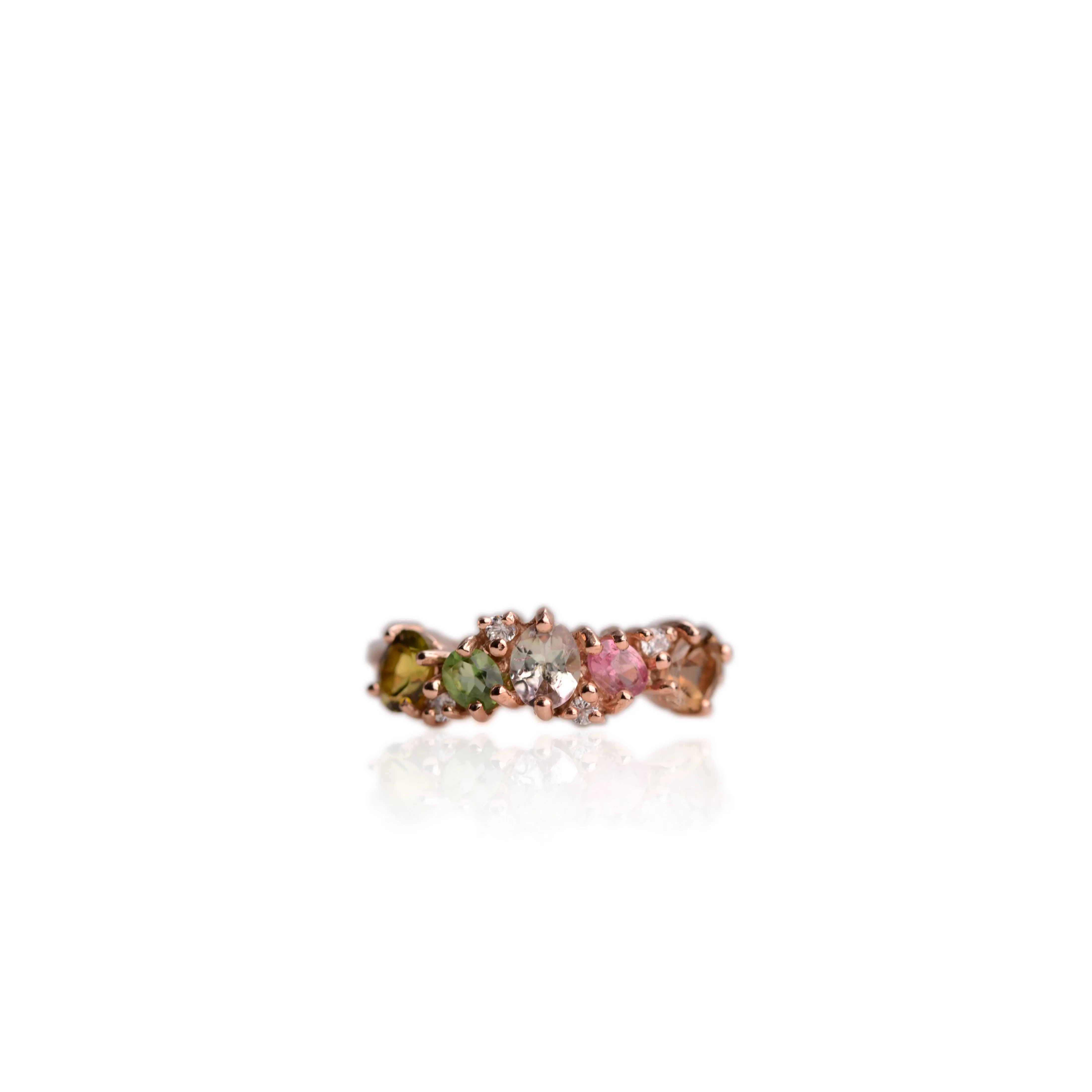 4 x 5 mm. Oval Cut Multi-coloured Brazilian Tourmaline with Cz Accents Cluster Ring (Blemished)