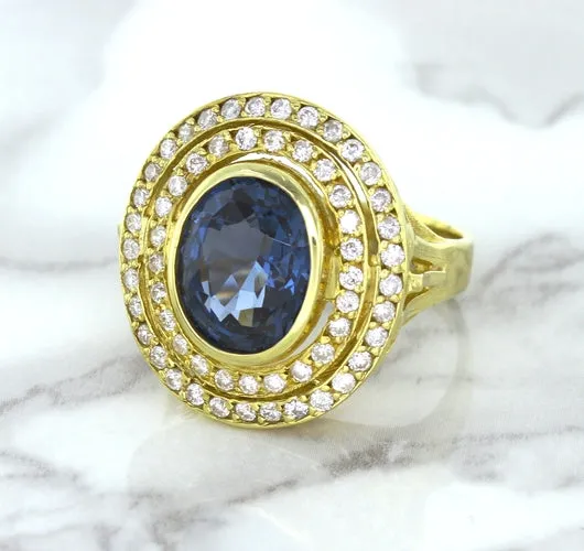 4.23ct Oval Blue Spinel Ring with Double Diamond Halo in 14K Yellow Gold