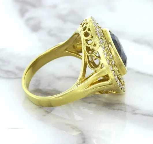 4.23ct Oval Blue Spinel Ring with Double Diamond Halo in 14K Yellow Gold