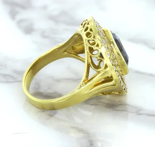 4.23ct Oval Blue Spinel Ring with Double Diamond Halo in 14K Yellow Gold