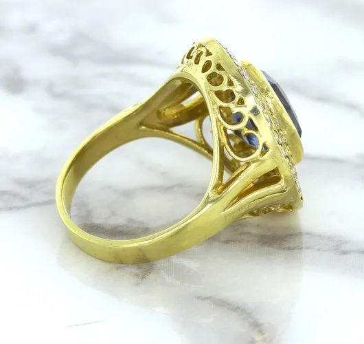 4.23ct Oval Blue Spinel Ring with Double Diamond Halo in 14K Yellow Gold