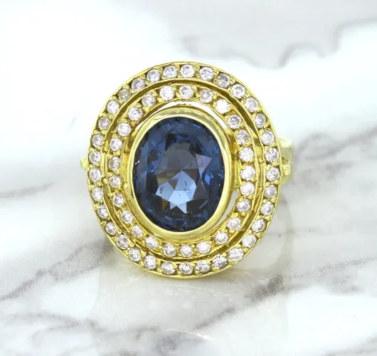 4.23ct Oval Blue Spinel Ring with Double Diamond Halo in 14K Yellow Gold