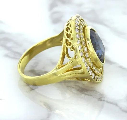 4.23ct Oval Blue Spinel Ring with Double Diamond Halo in 14K Yellow Gold