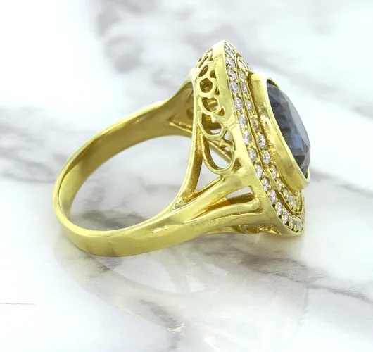 4.23ct Oval Blue Spinel Ring with Double Diamond Halo in 14K Yellow Gold