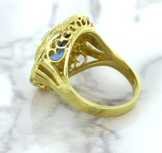 4.23ct Oval Blue Spinel Ring with Double Diamond Halo in 14K Yellow Gold