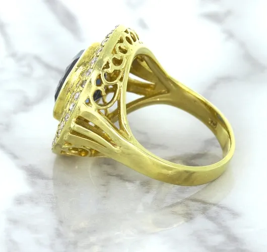 4.23ct Oval Blue Spinel Ring with Double Diamond Halo in 14K Yellow Gold