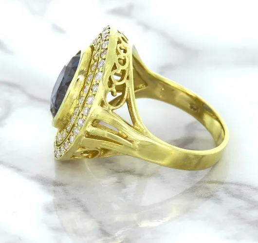 4.23ct Oval Blue Spinel Ring with Double Diamond Halo in 14K Yellow Gold