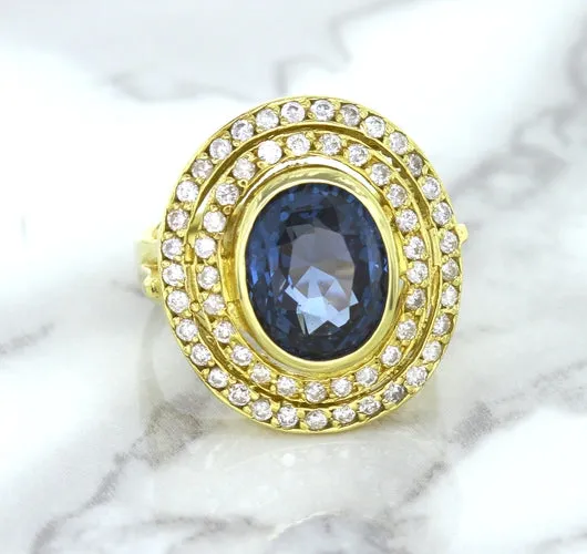 4.23ct Oval Blue Spinel Ring with Double Diamond Halo in 14K Yellow Gold