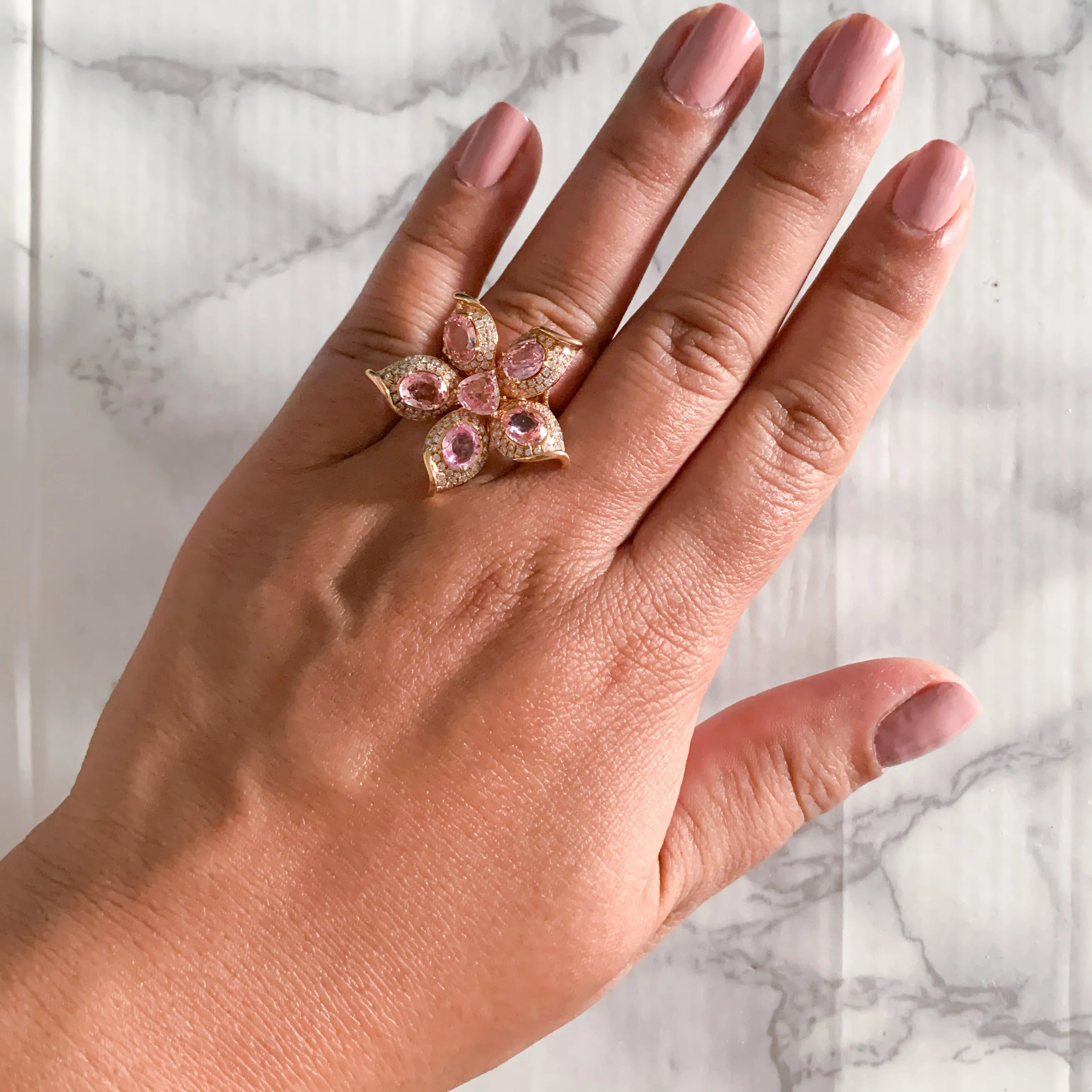 4.26ctw Padparadscha Ring with Diamond Accents in 18K Rose Gold