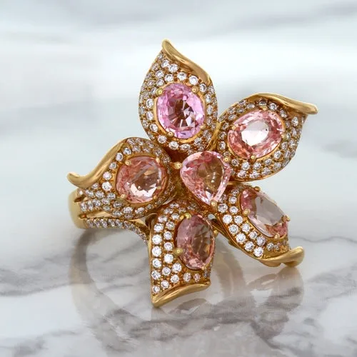 4.26ctw Padparadscha Ring with Diamond Accents in 18K Rose Gold