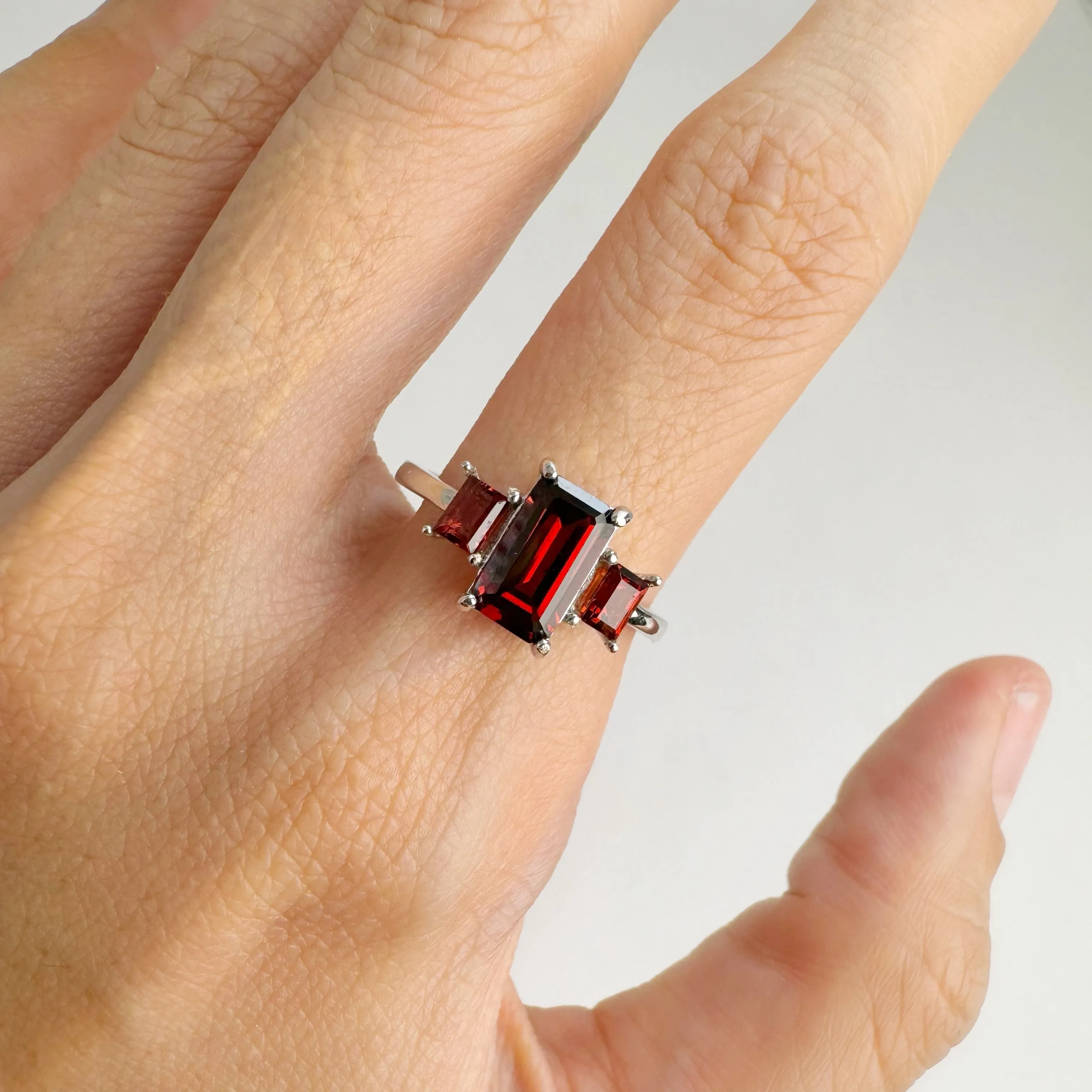 5 x 8 mm. Octagon Cut Red African Garnet Trilogy Ring