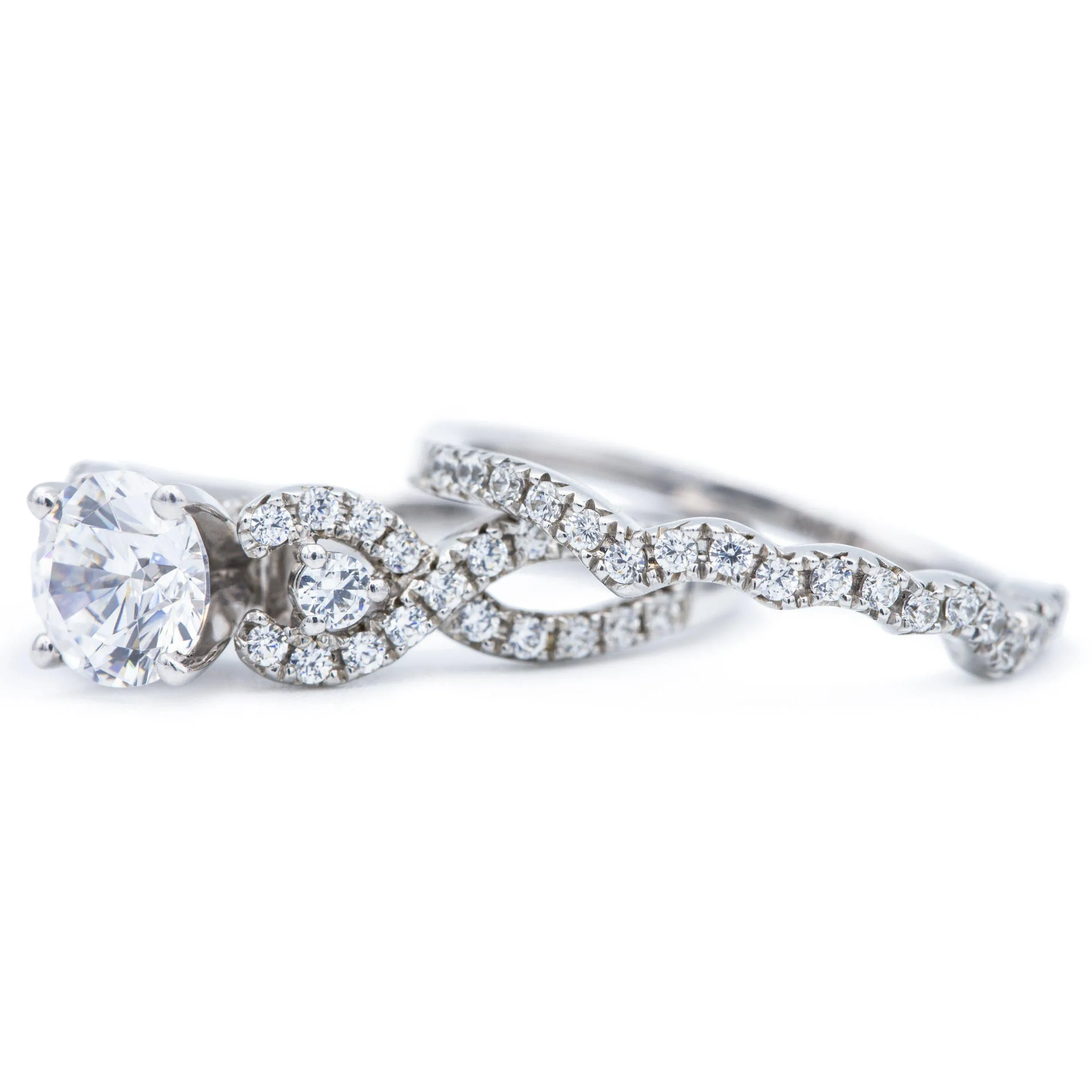6.5mm Round Center 14K White Gold Engagement Ring with Wedding Band Set